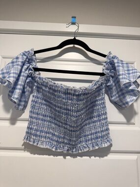 SHEIN Light Blue Gingham Off-Shoulder Smocked Crop Top